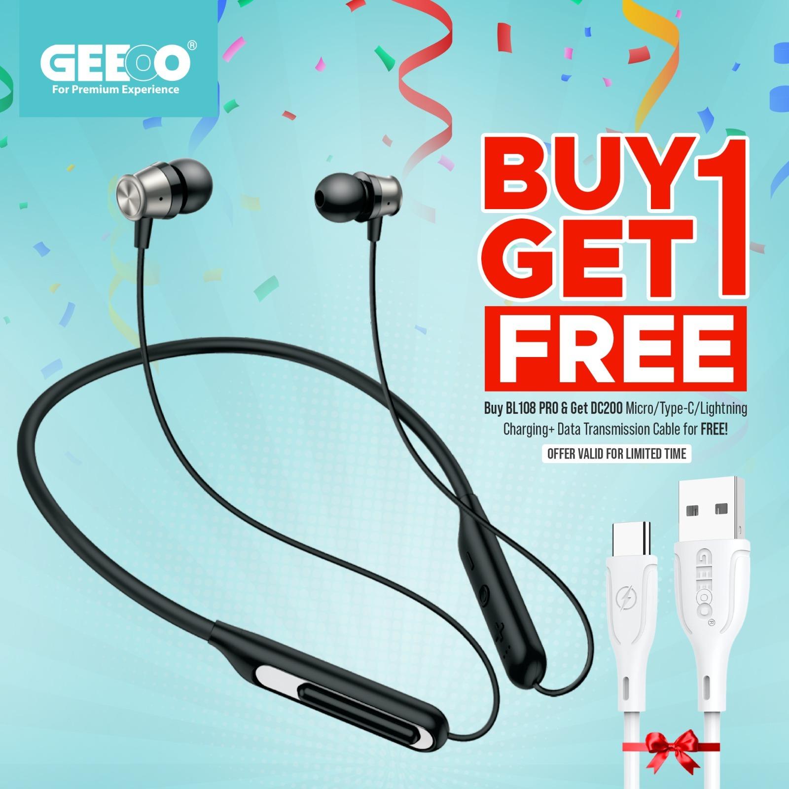 Geeoo BL 108 Pro Neckband (Free DC200 Micro/Type-C/Lightning Cable)