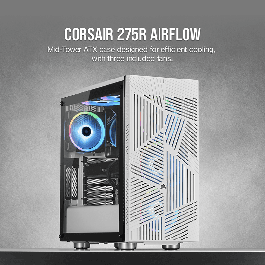Corsair Casing 275R Airflow Tempered Glass Mid-Tower Gaming Case — White